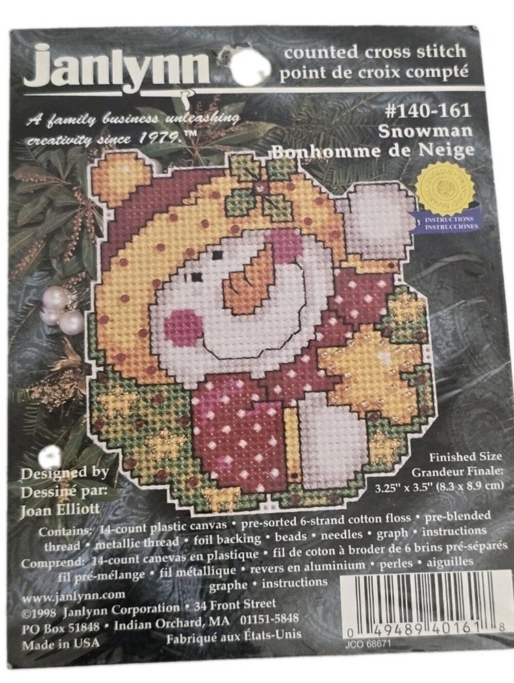vintage‎ 1998 JANLYNN Counted Cross Stitch Kit 3.25" x 3.5" Snowman Embroidery